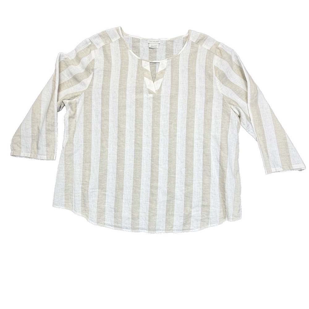 Van Heusen‎ Womens Linen Cotton 3/4 Sleeve Top XL Beige Stripe Pullover Keyhole
